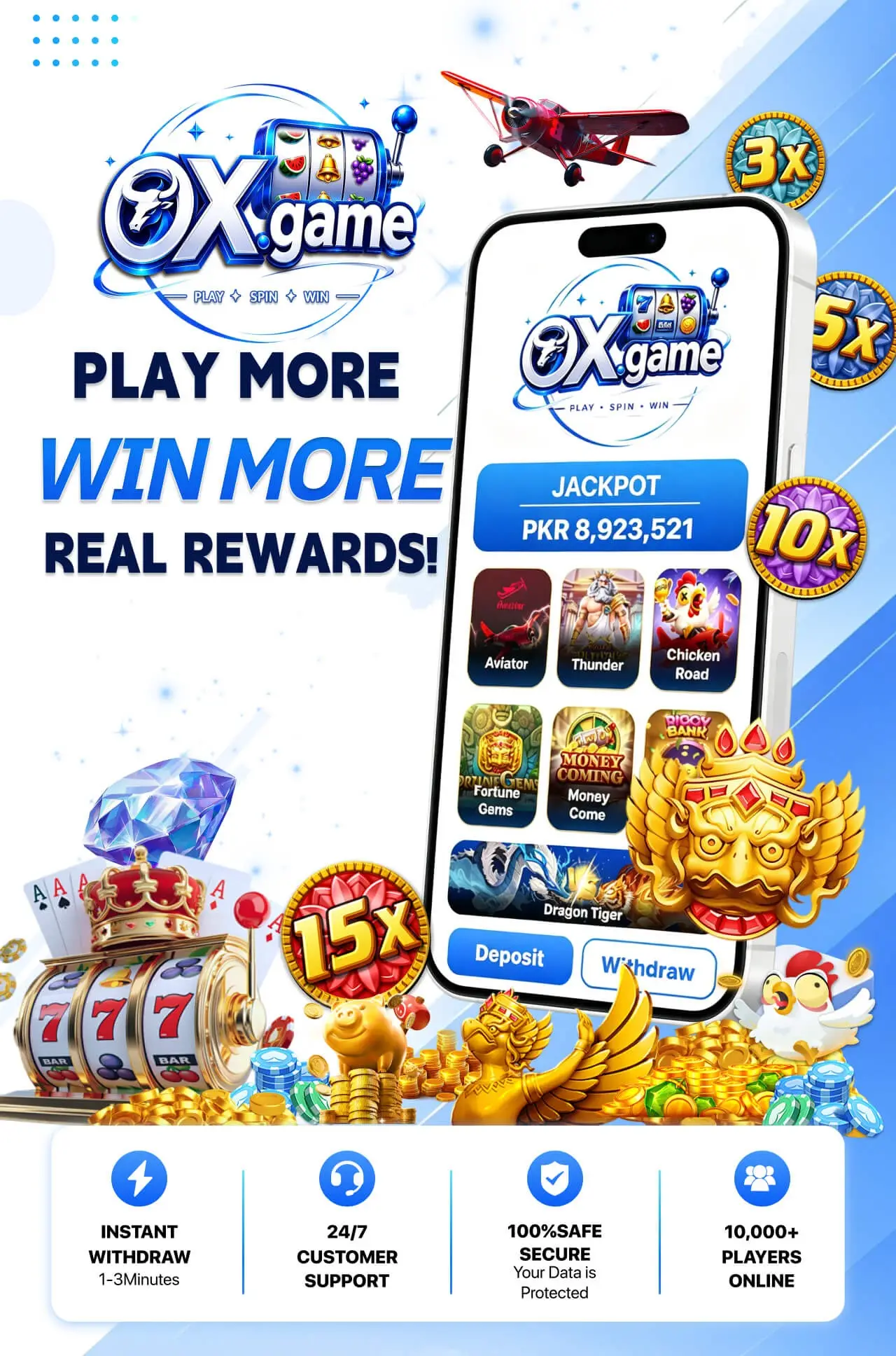 Ox Games mobile app on a smartphone showing the jackpot, Aviator, slots and live games with fast withdrawals and 24/7 support